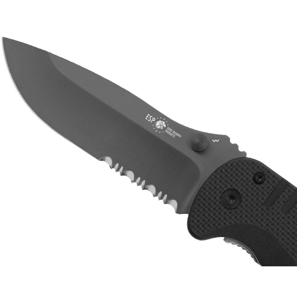 erplain_file_id:1572708 - Couteau de secours - lame partiellement dentelée. Noir. Logo 2eme REP+devise