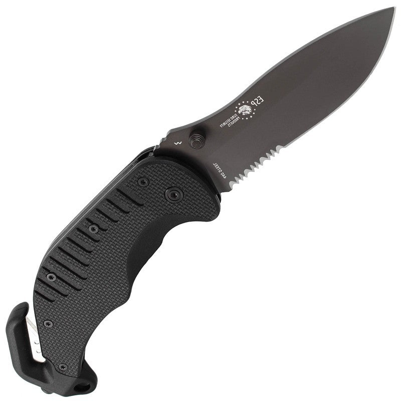 erplain_file_id:1572709 - Couteau de secours - lame partiellement dentelée. Noir. Logo 2eme REP+devise